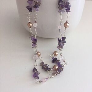 Amethyst, rose quartz and faux pearl necklace - double strand purple pink beige